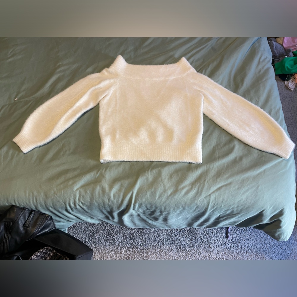 White off the shoulder fuzzy sweater